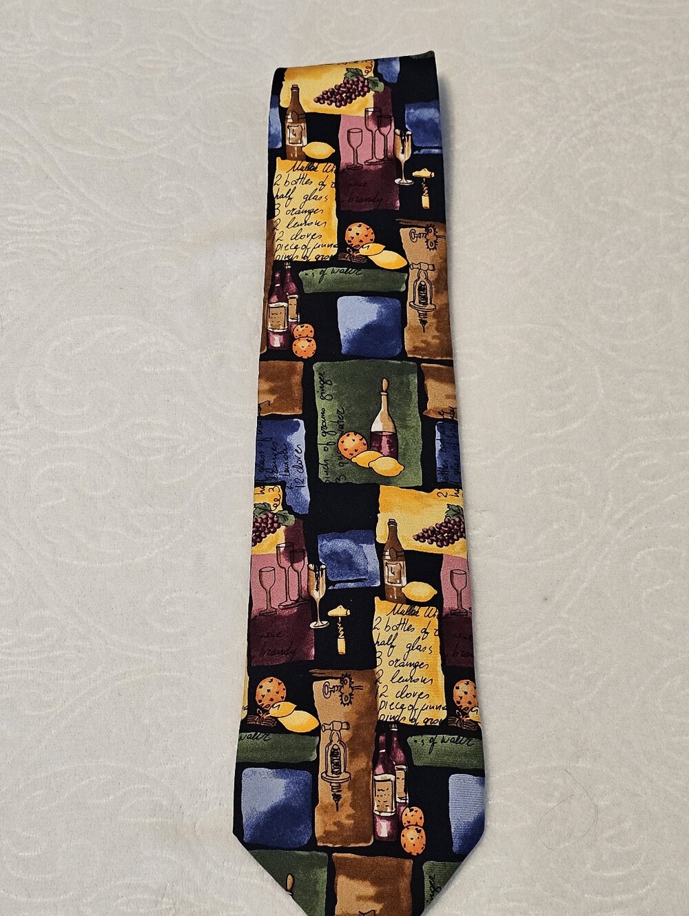 Vintage Alynn Silk Tie Mulled Wine Recipe Wine Bottles Corkscrew Made in USA